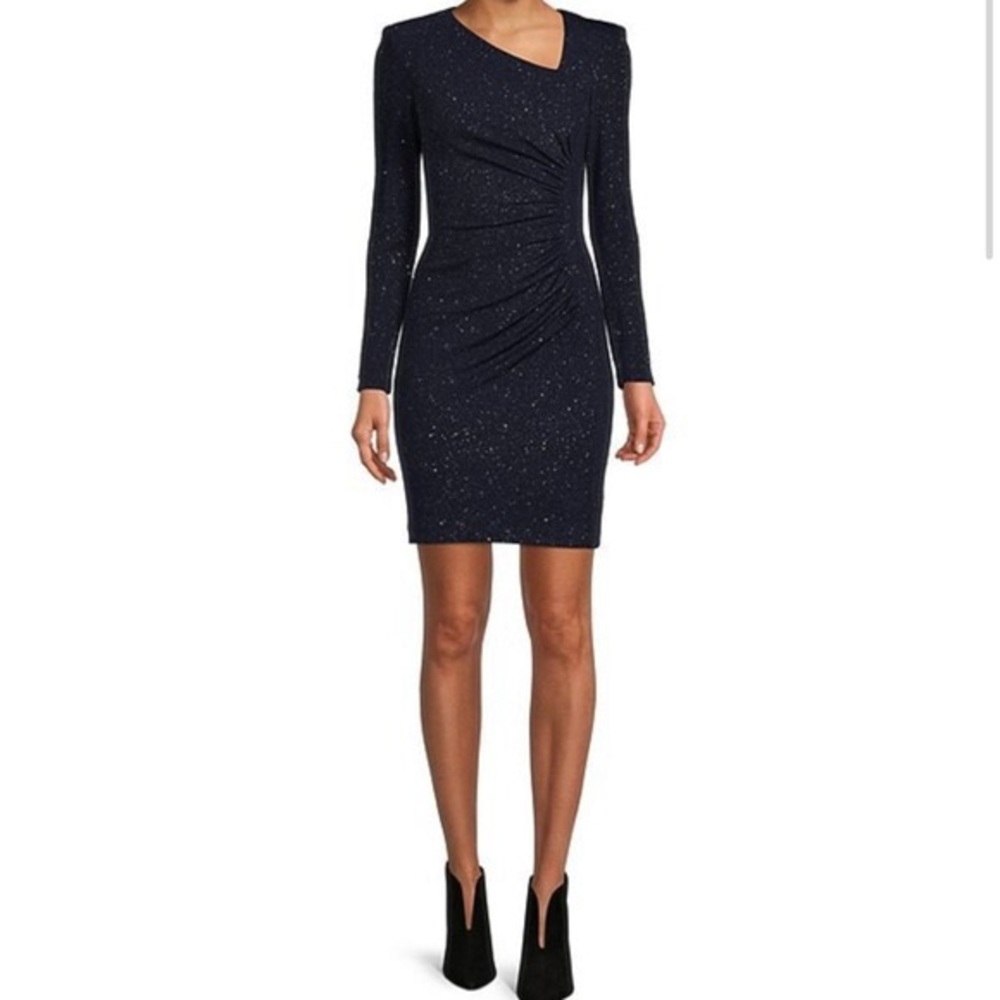 Vince Camuto Navy Asymetric Long Sleeve Ruched Metallic Knit Sheath Mini Dress